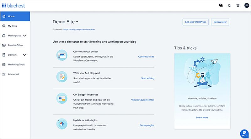 Bluehost dashboard