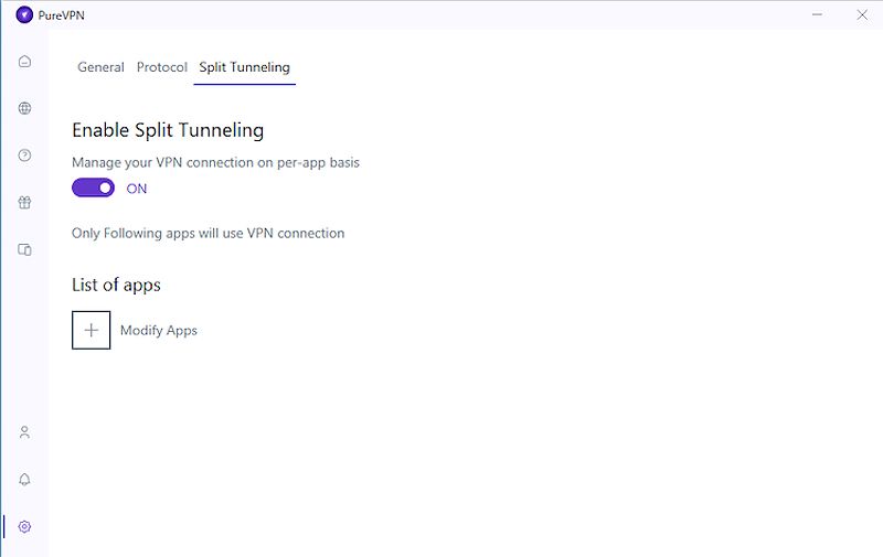 PureVPN's split tunneling features