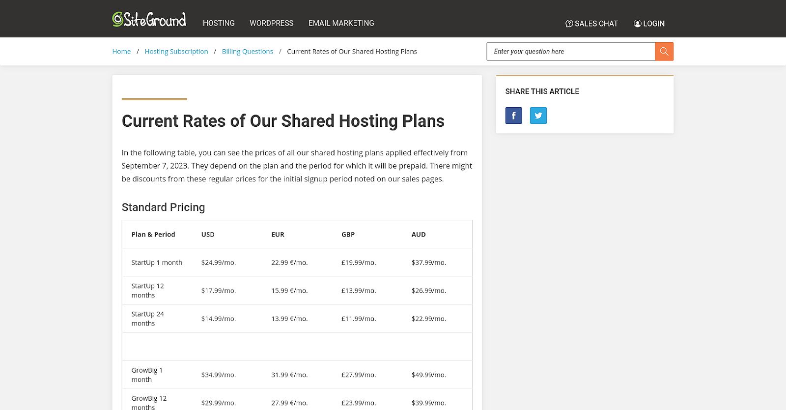 SiteGround Pricing